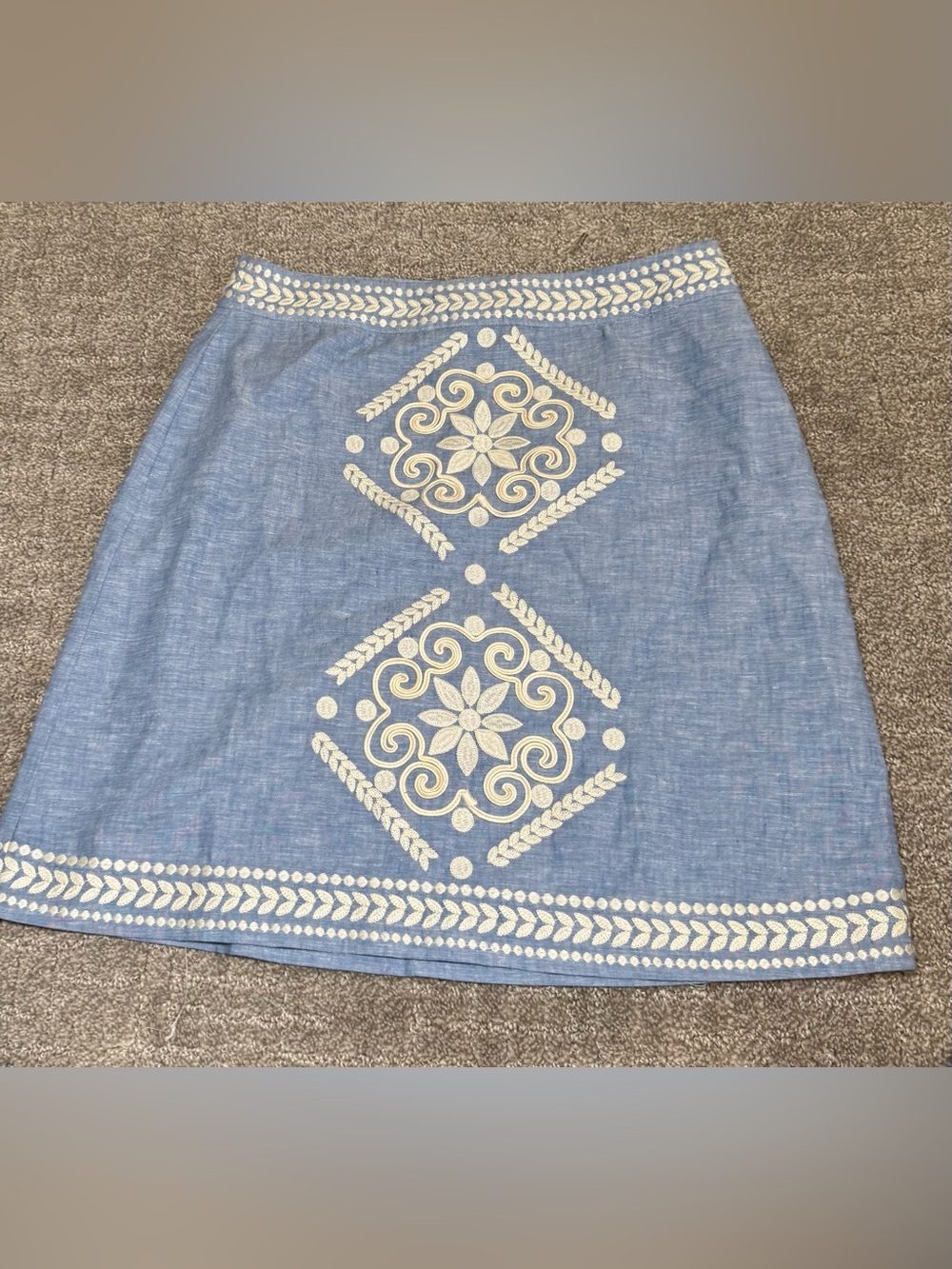 Boden Light Blue Chambray Pencil Skirt with White Embroidered Detail